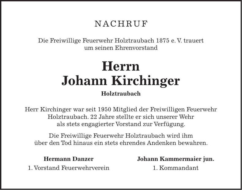 Traueranzeige Johann Kirchinger