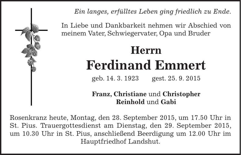Traueranzeige Ferdinand Emmert