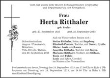 Traueranzeige Herta Ritthaler