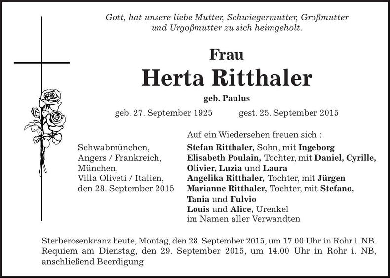 Traueranzeige Herta Ritthaler