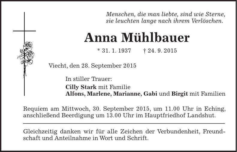 Traueranzeige Anna Mühlbauer