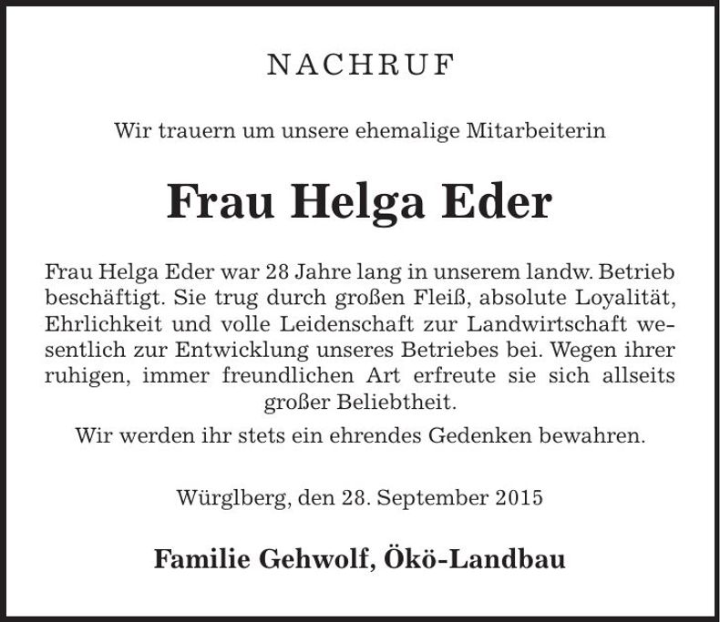 Traueranzeige Helag Eder