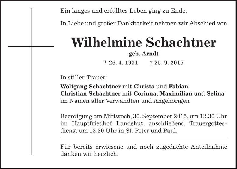 Traueranzeige Wilhelmine Schachtner