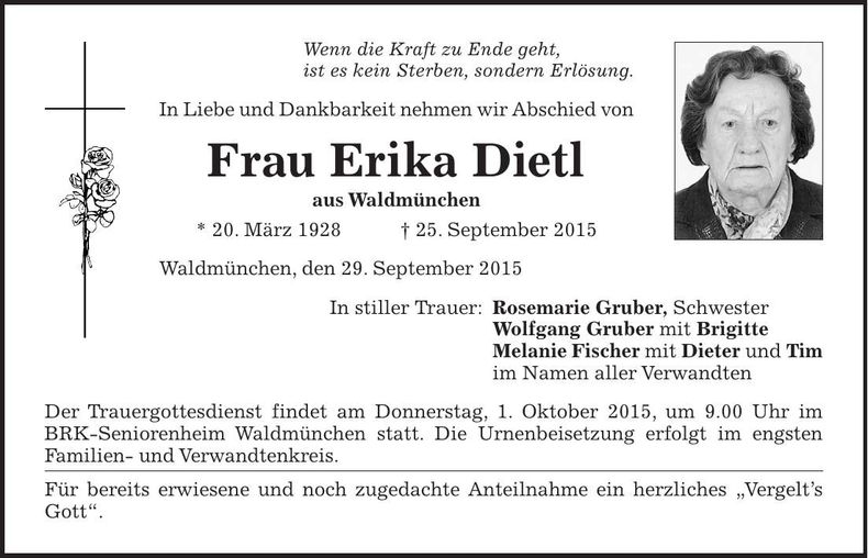 Traueranzeige Erika Dietl