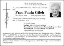 Traueranzeige Paula Gilch