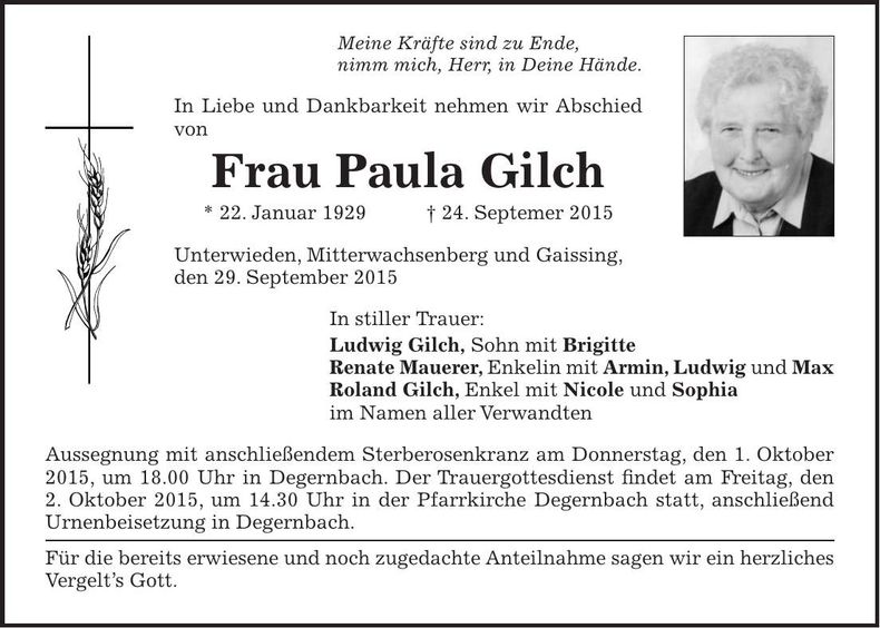 Traueranzeige Paula Gilch