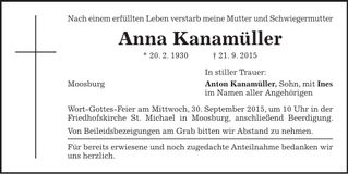 Traueranzeige Anna Kanamüller