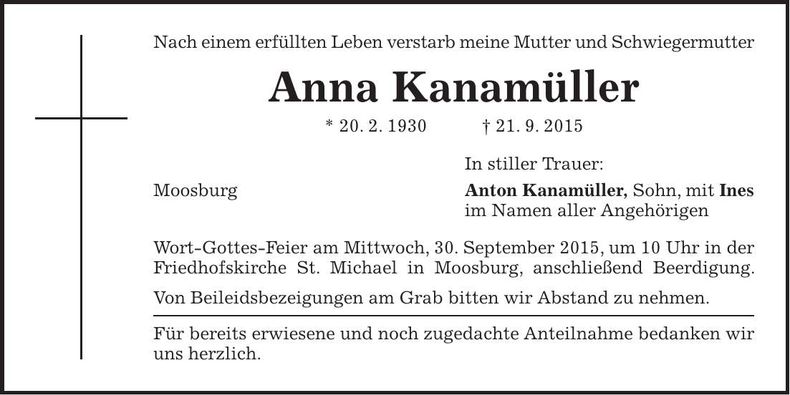 Traueranzeige Anna Kanamüller