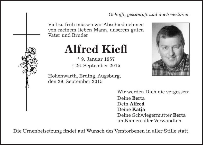 Traueranzeige Alfred Kiefl