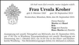Traueranzeige Ursula Kroher