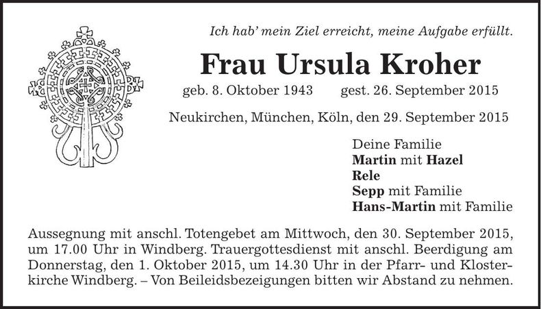 Traueranzeige Ursula Kroher