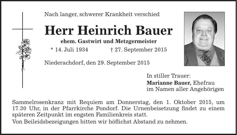 Traueranzeige Heinrich Bauer