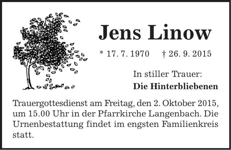 Traueranzeige Jens Linow