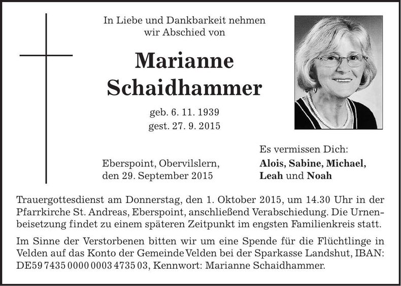Traueranzeige Marianne Schaidhammer