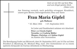 Traueranzeige Maria Gipfel