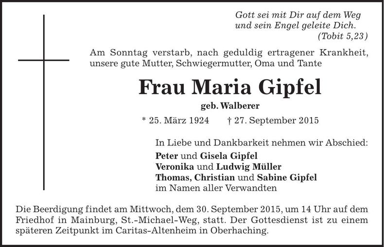 Traueranzeige Maria Gipfel