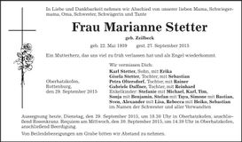 Traueranzeige Marianne Stetter