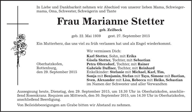 Traueranzeige Marianne Stetter