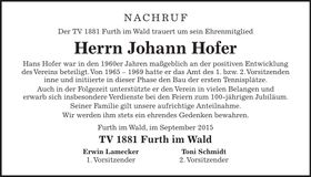 Traueranzeige Johann Hofer