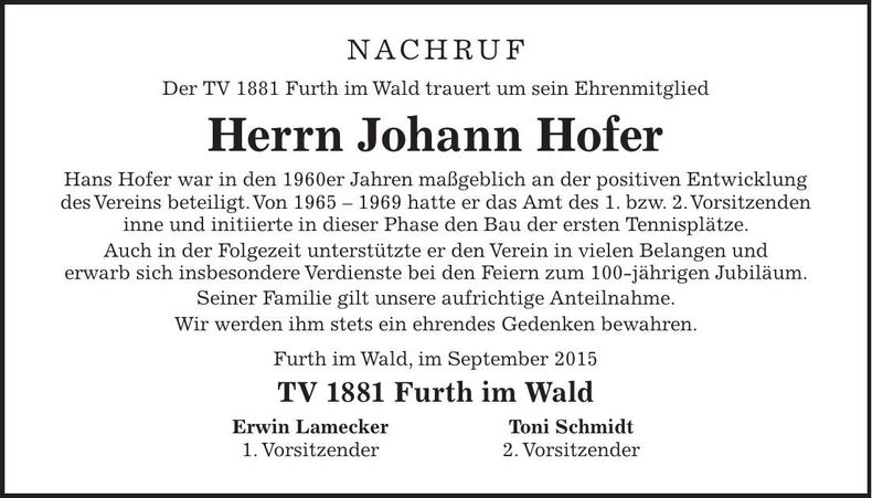 Traueranzeige Johann Hofer