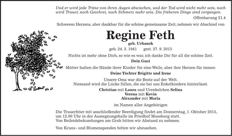 Traueranzeige Regine Feth