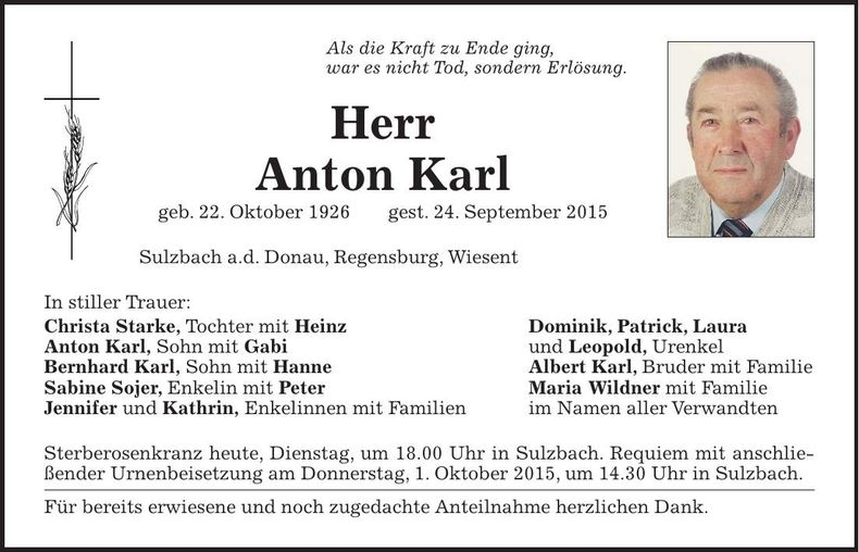 Traueranzeige Anton Karl