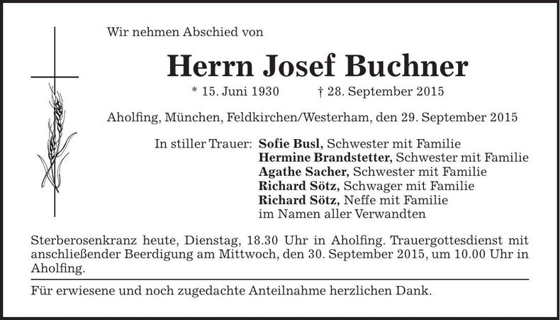 Traueranzeige Josef Buchner