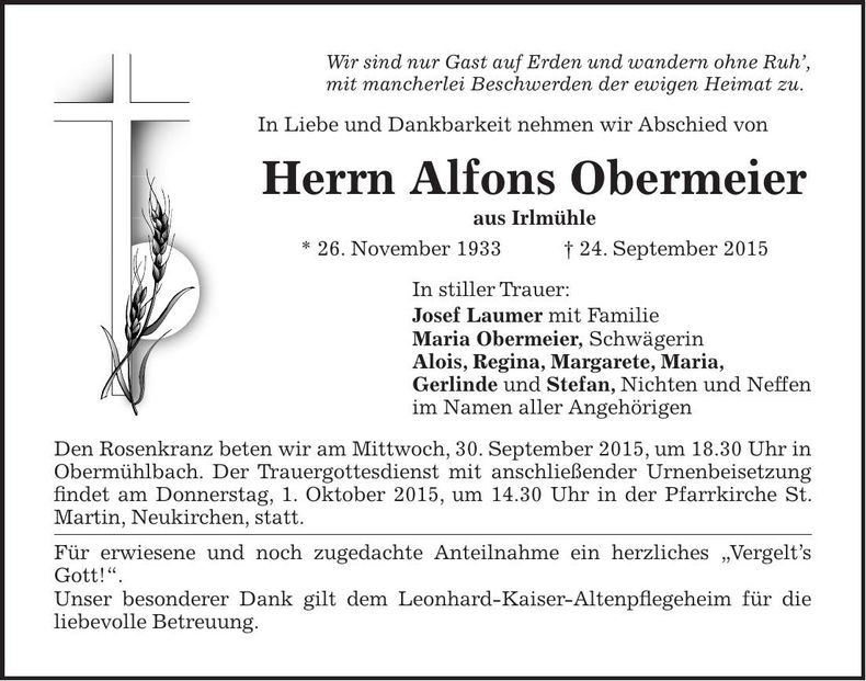 Traueranzeige Alfons Obermeier