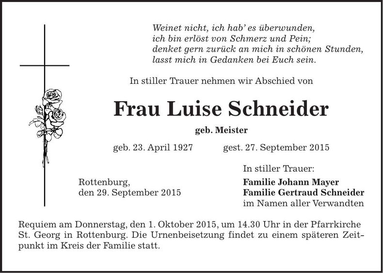 Traueranzeige Luise Schneider
