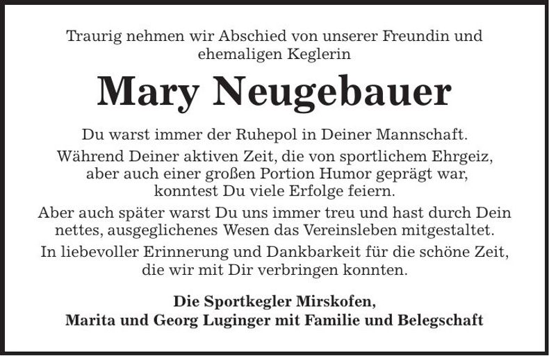 Traueranzeige Mary Neugebauer