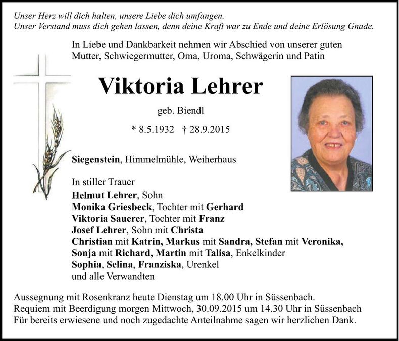 Traueranzeige Viktoria Lehrer