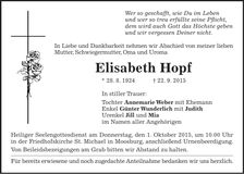 Traueranzeige Elisabeth Hopf
