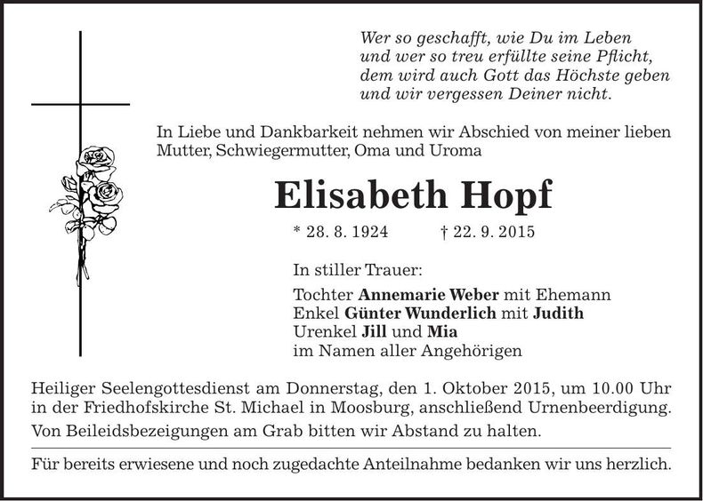 Traueranzeige Elisabeth Hopf