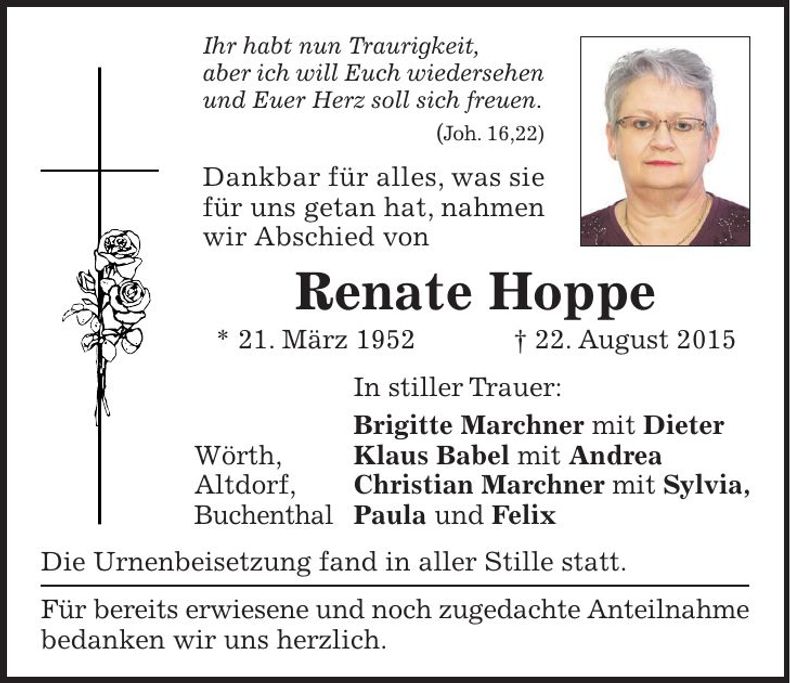 Traueranzeige Renate Hoppe