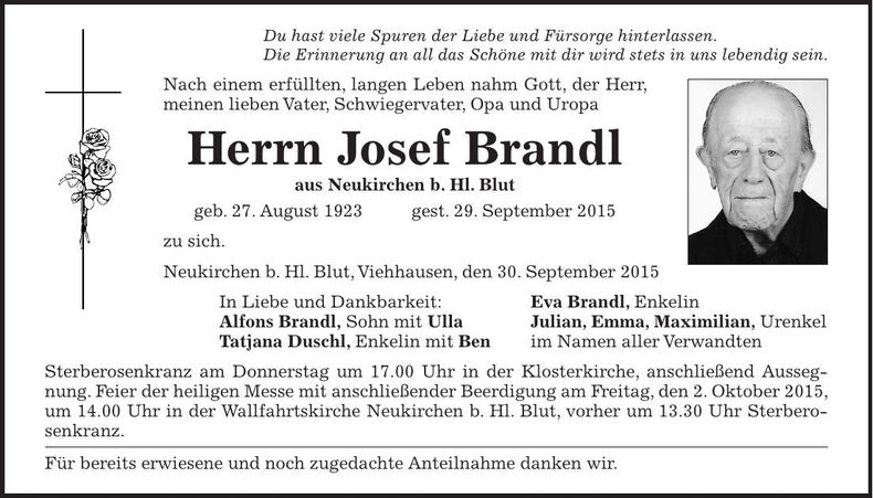 Traueranzeige Josef Brandl