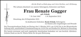 Traueranzeige Renate Gagger