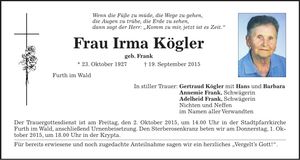Traueranzeige Irma Kögler