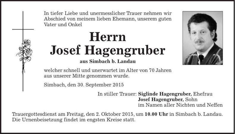 Traueranzeige Josef Hagengruber