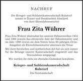 Traueranzeige Zita Wührer