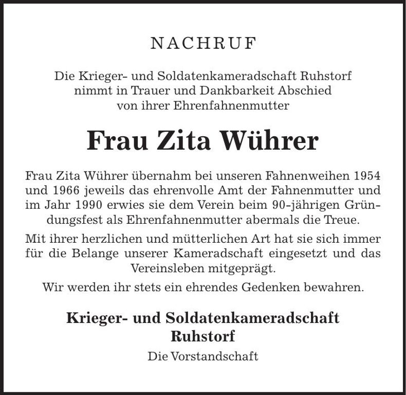 Traueranzeige Zita Wührer