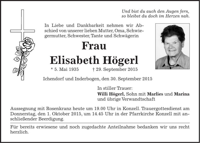 Traueranzeige Elisabeth Högerl