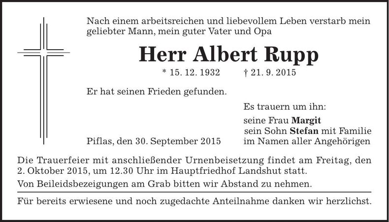 Traueranzeige Albert Rupp