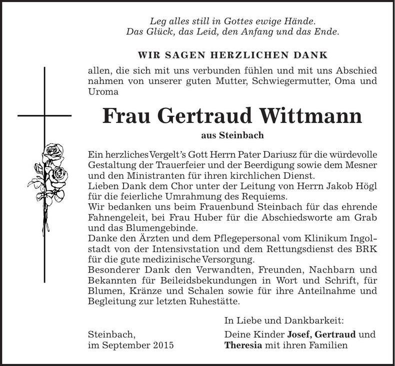 Traueranzeige Gertraud Wittmann