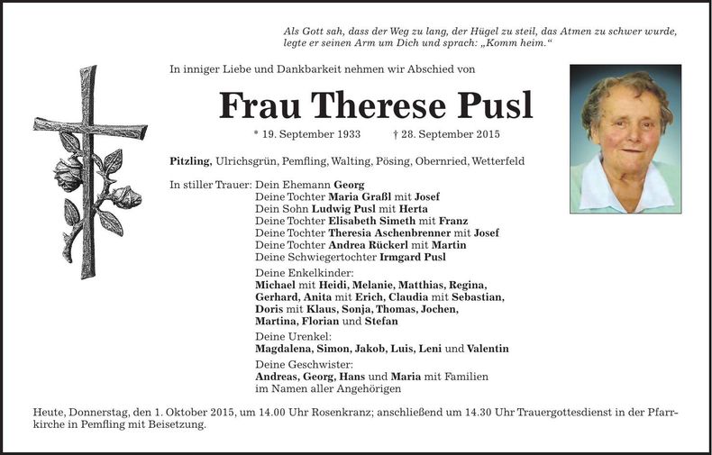 Traueranzeige Therese Pusl