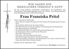 Traueranzeige Franziska Pritzl