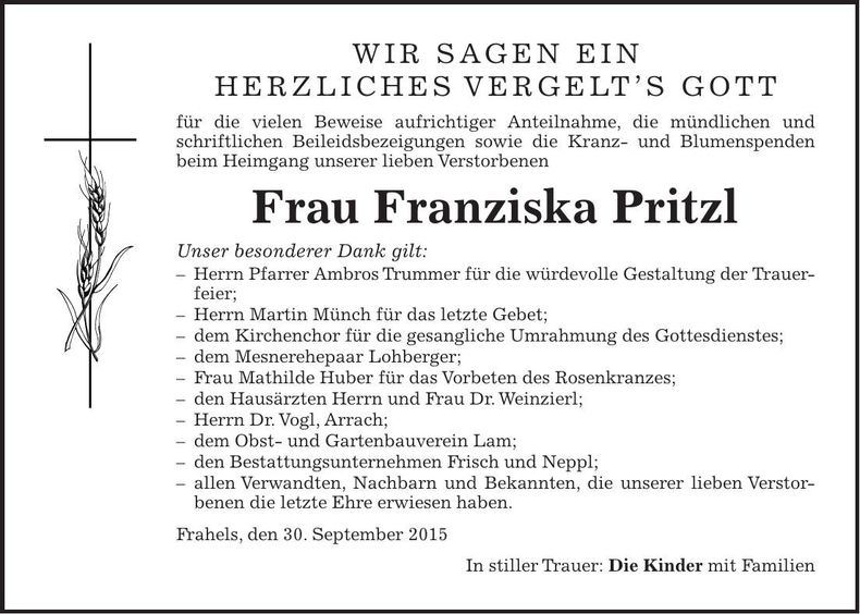 Traueranzeige Franziska Pritzl
