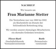Traueranzeige Marianne Stetter