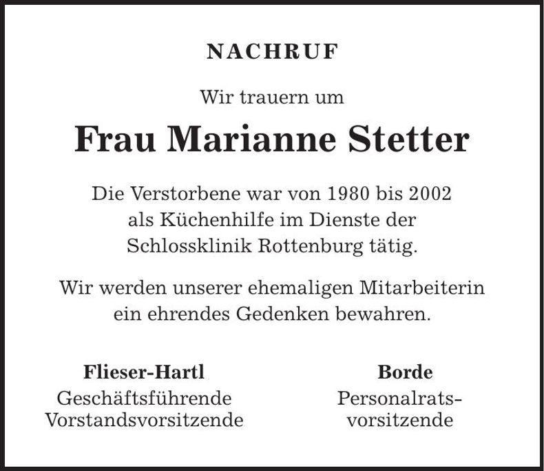 Traueranzeige Marianne Stetter