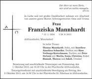 Traueranzeige Franziska Mannhardt