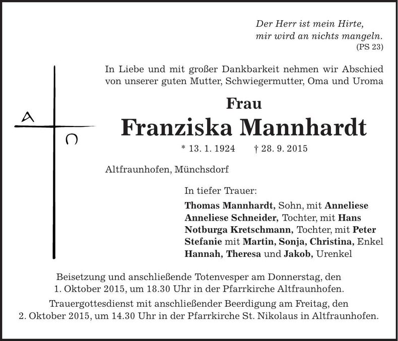 Traueranzeige Franziska Mannhardt